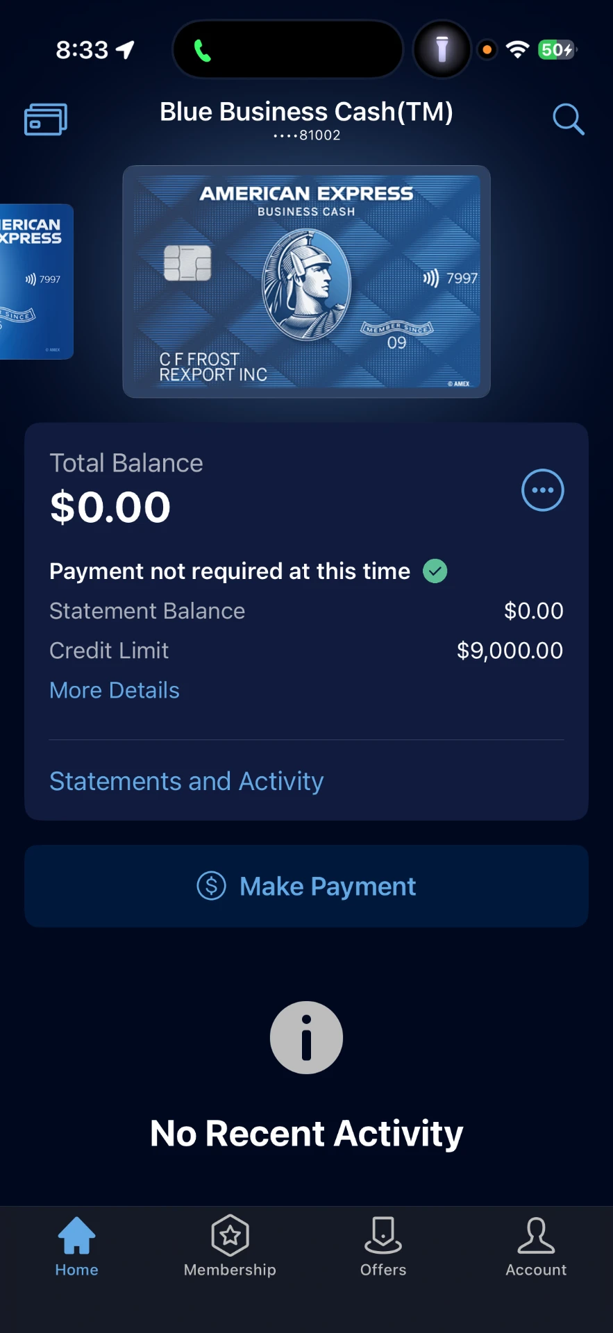 American Express Blue Business Cash card account showing a $9,000 credit limit