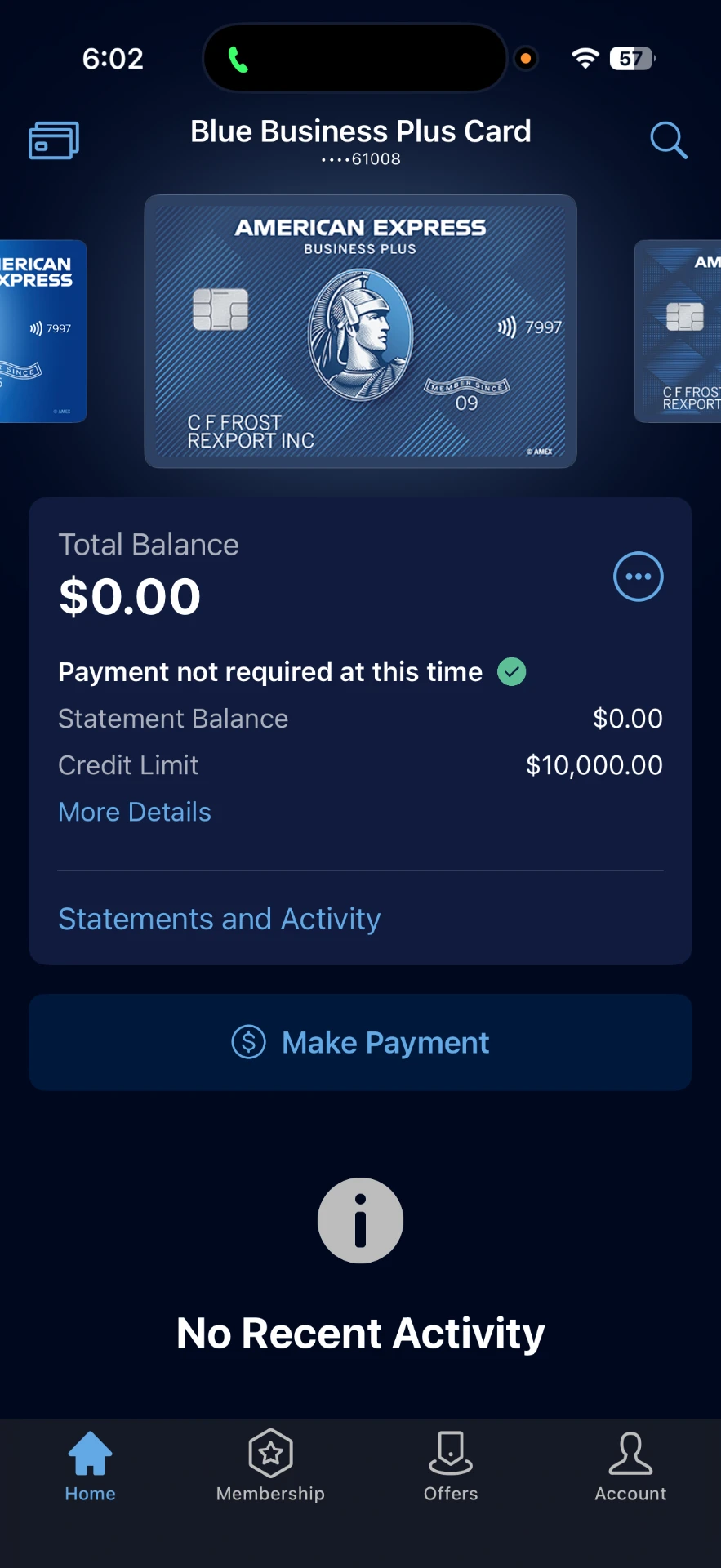 American Express Blue Business Plus card account showing a $10,000 credit limit